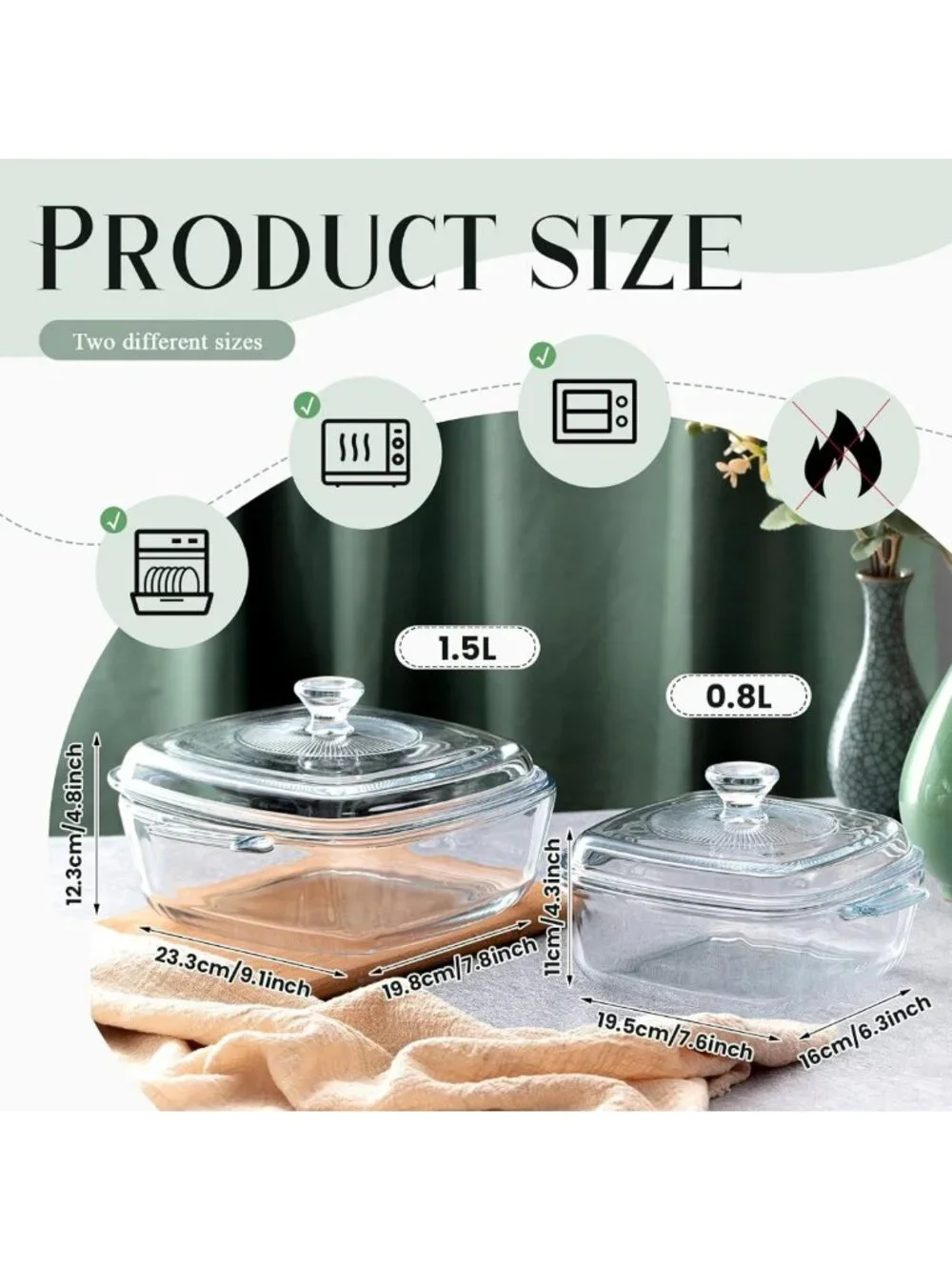 Set of 2 Glass Casserole Dishes with Lids - Square Bakeware, 0.8L & 1.5L